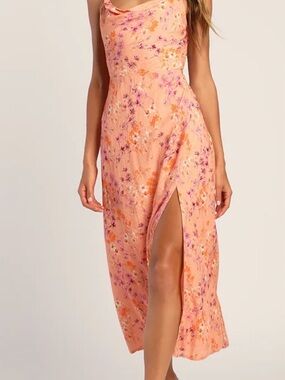 Lulu's Loving the Look Coral Floral Print Backless Cowl Maxi Dress
